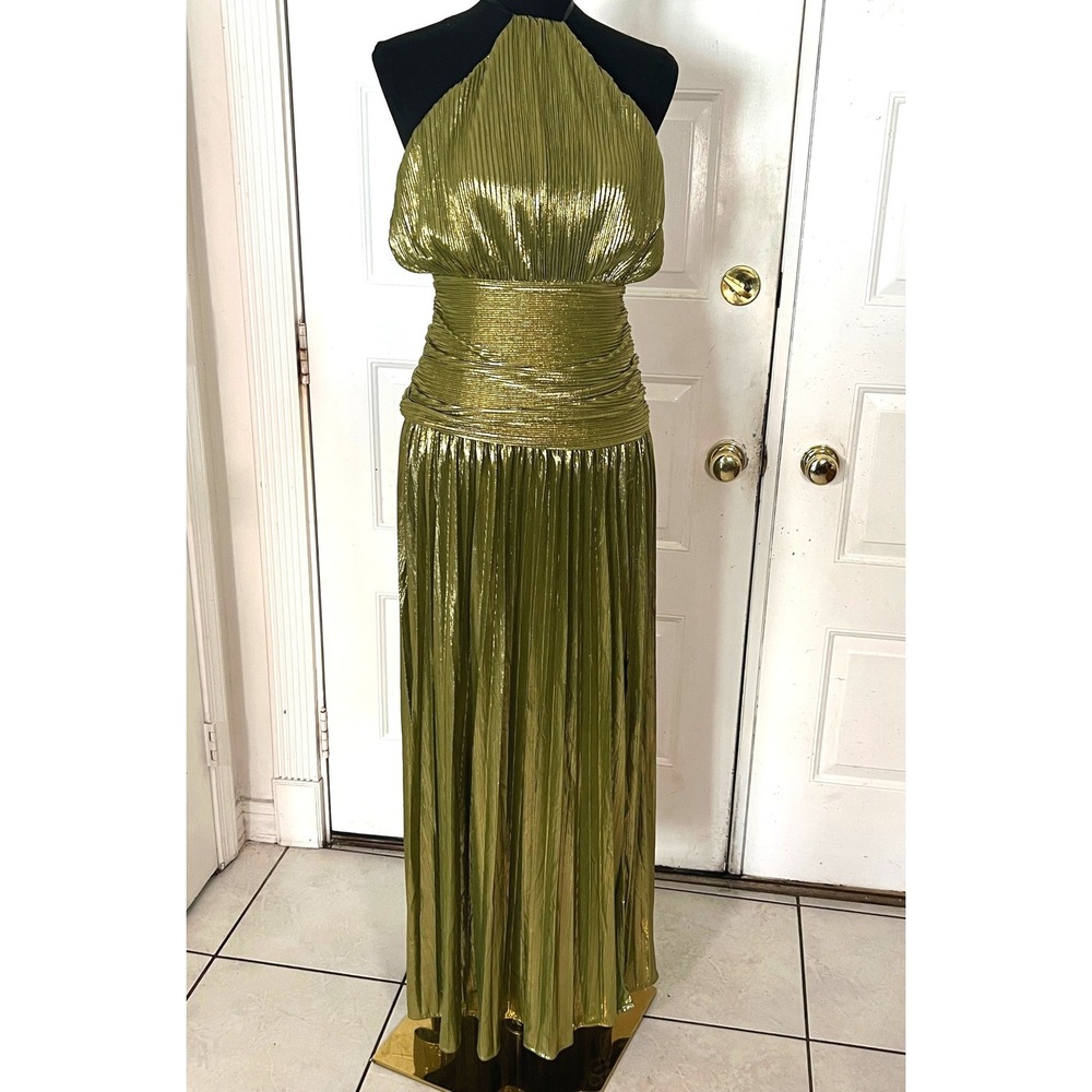 Metallic Green Pleated Halter Maxi Dress Ruched Waist Side Slit Gown Small Flaw
